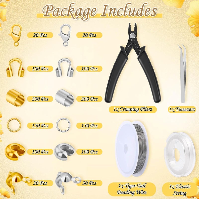 Thrilez 1200Pcs Crimp Beads Supplies for Jewelry Making, Including Crimp covers, Crimp Tubes, Bracelet Clasps and Closures, Crimp Ends, Jump Rings, Crimping Pliers and Beading Wire for Bracelets Making - Image 2